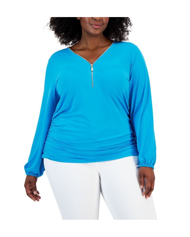 Plus Size Zip-Front Side-Ruched Top Electric Sea $18.25 Tops