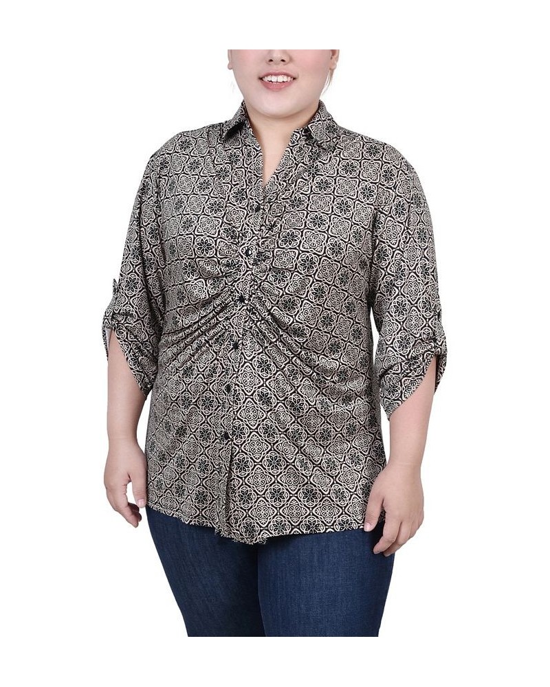 Plus Size 3/4 Roll Tab Rouched-Front Top Black Doeskin Floral Iconic $11.97 Tops