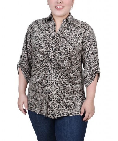 Plus Size 3/4 Roll Tab Rouched-Front Top Black Doeskin Floral Iconic $11.97 Tops