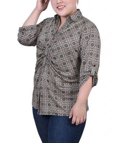 Plus Size 3/4 Roll Tab Rouched-Front Top Black Doeskin Floral Iconic $11.97 Tops