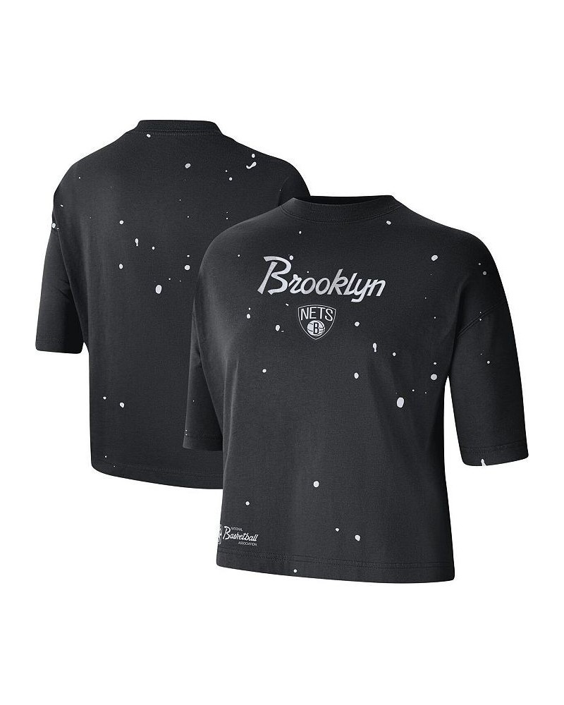 Women's Black Brooklyn Nets Courtside Splatter Cropped T-shirt Black $25.00 Tops