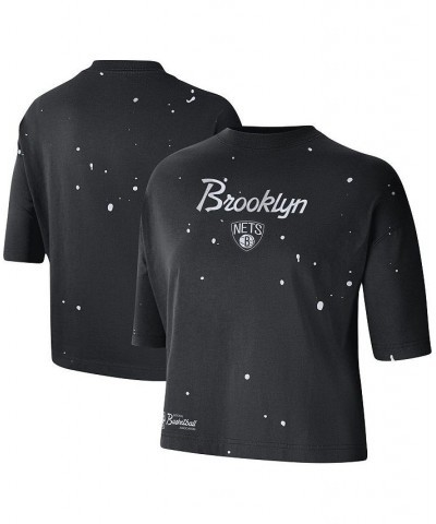 Women's Black Brooklyn Nets Courtside Splatter Cropped T-shirt Black $25.00 Tops