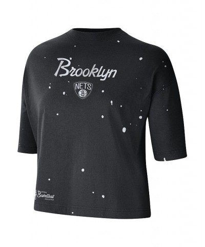 Women's Black Brooklyn Nets Courtside Splatter Cropped T-shirt Black $25.00 Tops