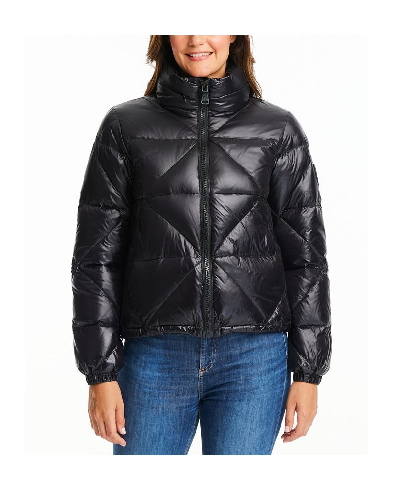 Women's Shine Hooded Cropped Puffer Coat Black $57.40 Coats