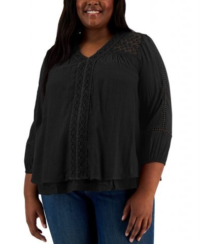 Plus Size Lace-Trim Long-Sleeve Top Black $15.51 Tops