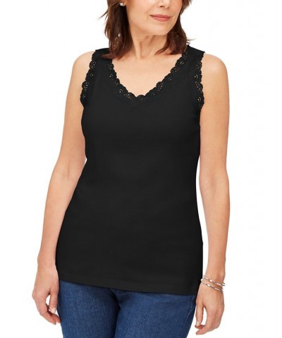 Petite Cotton Lace-Trim Tank Top Deep Black $11.39 Tops