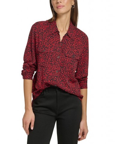 Women's Star-Print Button-Front High-Low Top Scarlet Black Combo $29.27 Tops