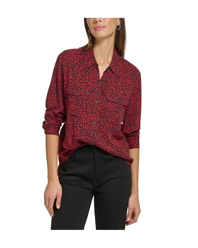 Women's Star-Print Button-Front High-Low Top Scarlet Black Combo $29.27 Tops
