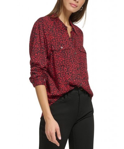 Women's Star-Print Button-Front High-Low Top Scarlet Black Combo $29.27 Tops