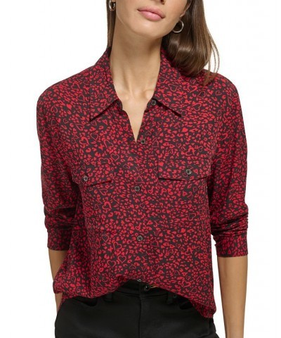 Women's Star-Print Button-Front High-Low Top Scarlet Black Combo $29.27 Tops