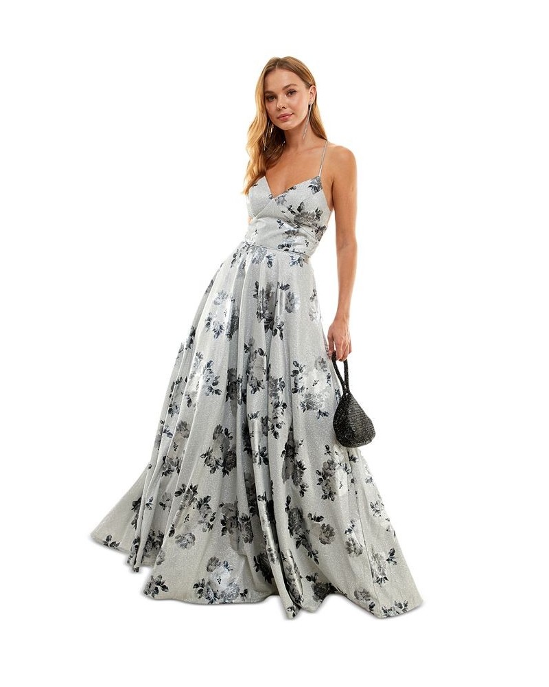 Juniors' Lace-Up Floral Glitter Gown Silver/Charcoal $90.72 Dresses