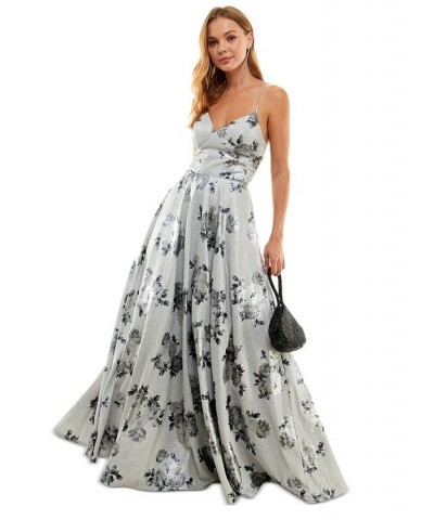 Juniors' Lace-Up Floral Glitter Gown Silver/Charcoal $90.72 Dresses