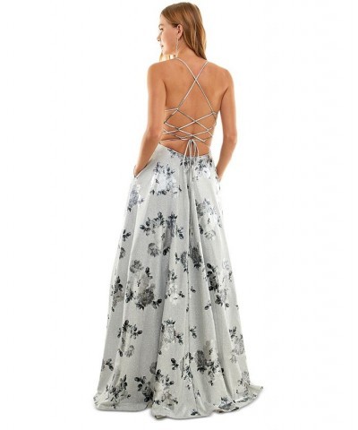 Juniors' Lace-Up Floral Glitter Gown Silver/Charcoal $90.72 Dresses