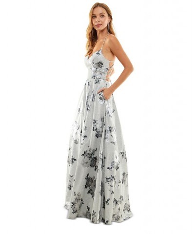 Juniors' Lace-Up Floral Glitter Gown Silver/Charcoal $90.72 Dresses