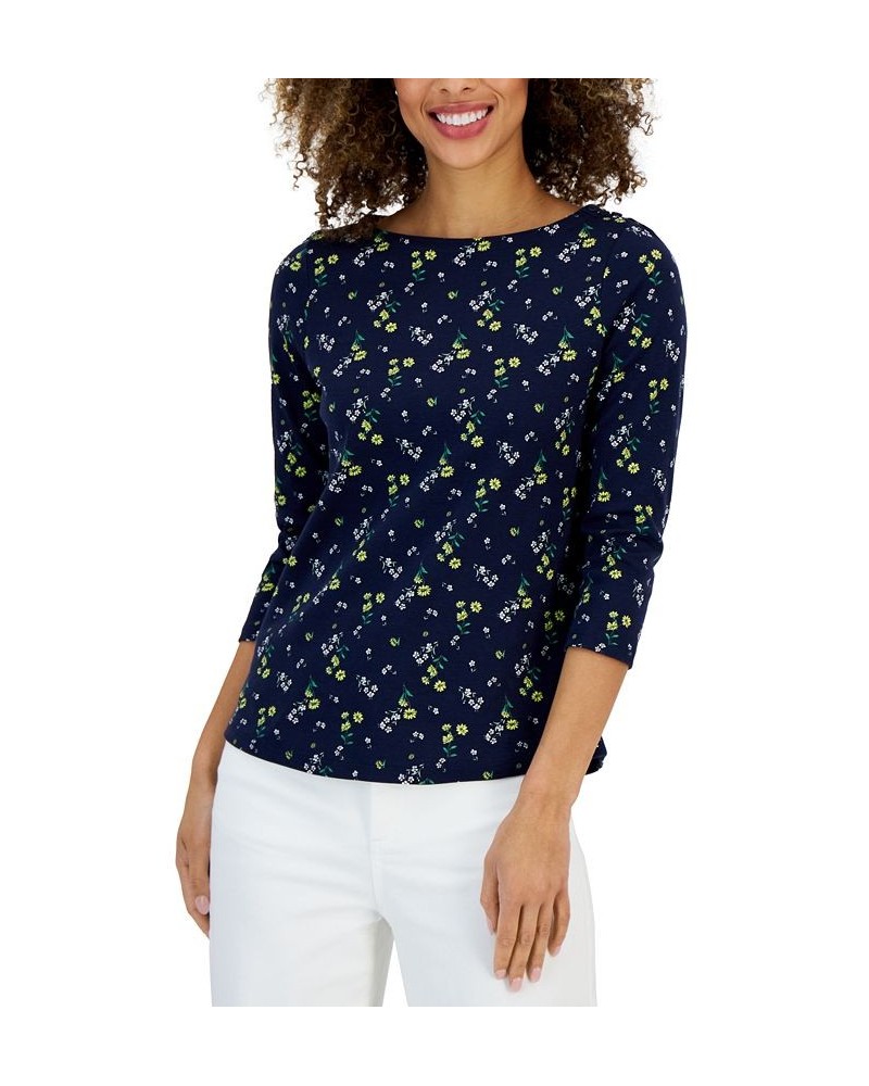 Women's Floral Boat-Neck 3/4-Sleeve Top Blue $14.99 Tops