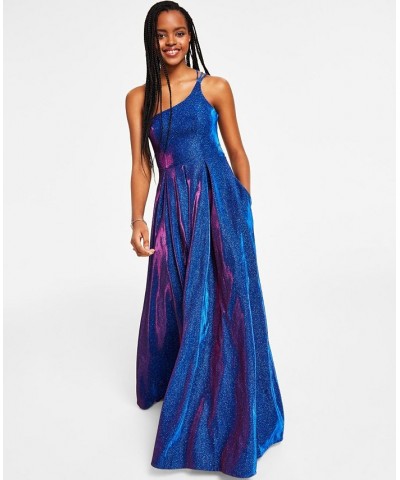 Juniors' Strappy-Back Glitter-Finish Gown Sapphire/Fuschia $64.22 Dresses