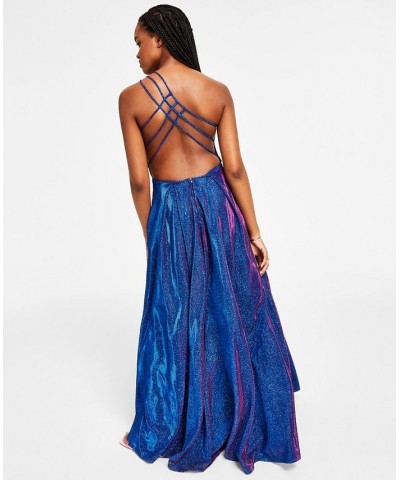 Juniors' Strappy-Back Glitter-Finish Gown Sapphire/Fuschia $64.22 Dresses