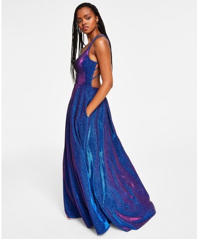 Juniors' Strappy-Back Glitter-Finish Gown Sapphire/Fuschia $64.22 Dresses