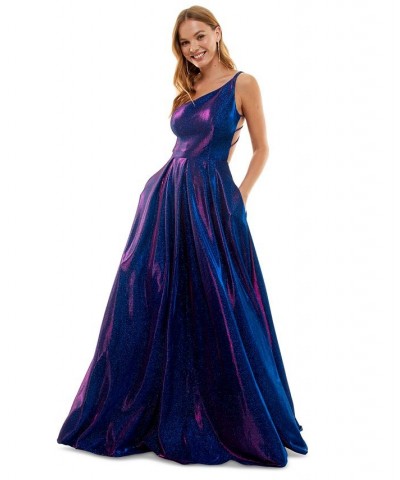 Juniors' Strappy-Back Glitter-Finish Gown Sapphire/Fuschia $64.22 Dresses