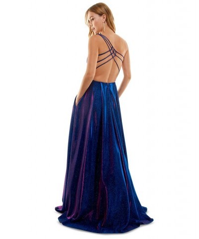 Juniors' Strappy-Back Glitter-Finish Gown Sapphire/Fuschia $64.22 Dresses