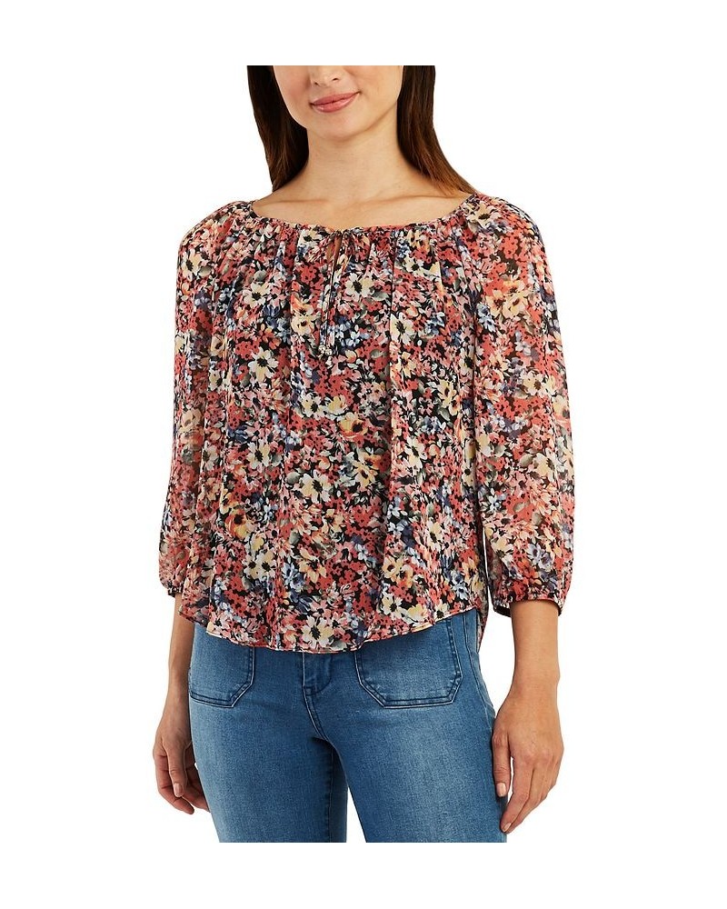 Juniors' Printed Floral Peasant Blouse Pat G $13.57 Tops