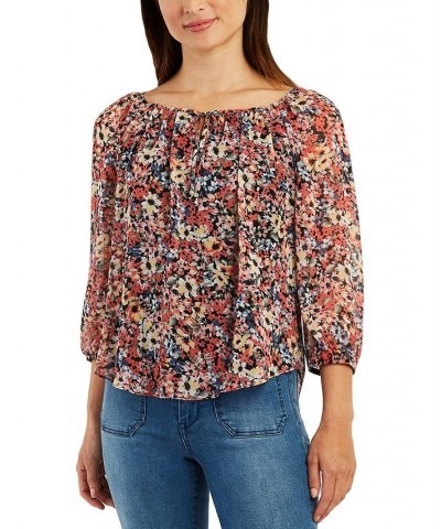 Juniors' Printed Floral Peasant Blouse Pat G $13.57 Tops