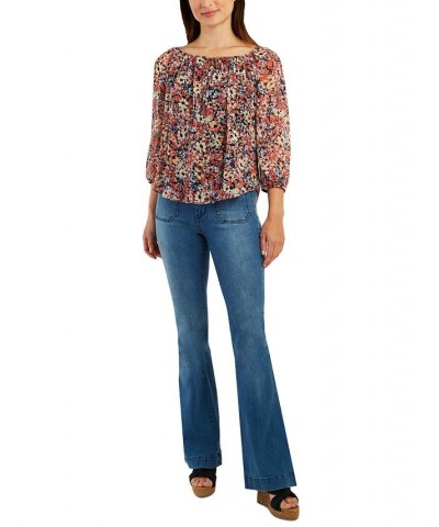 Juniors' Printed Floral Peasant Blouse Pat G $13.57 Tops