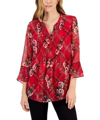 Petite Ruffle Sleeve Etching Garden Pintuck Top Red $18.35 Tops