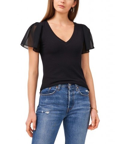 Women's Flutter Short Sleeve V-Neck Knit Top Rich Black $30.78 Tops