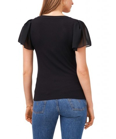 Women's Flutter Short Sleeve V-Neck Knit Top Rich Black $30.78 Tops