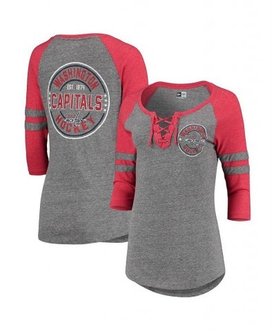 Women's Washington Capitals Lace Stripes Raglan Half-Sleeve Tri-Blend T-shirt Heathered Gray $19.80 Tops