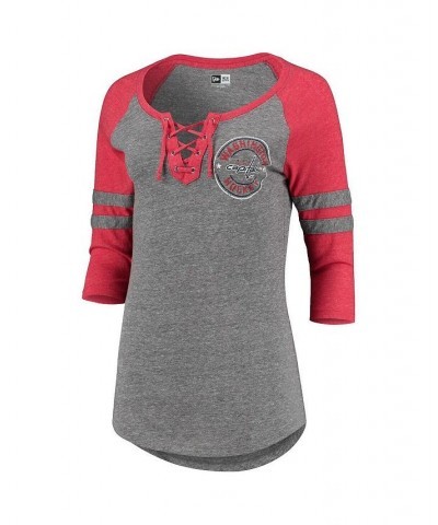 Women's Washington Capitals Lace Stripes Raglan Half-Sleeve Tri-Blend T-shirt Heathered Gray $19.80 Tops