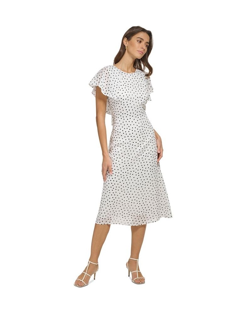 Women's Polka Dot Flutter-Sleeve Lace-Up Midi Dress Ivory/Navy $53.64 Dresses