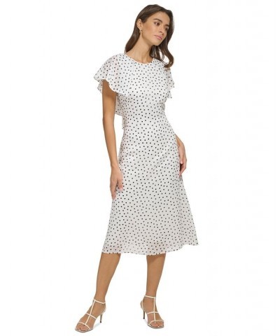 Women's Polka Dot Flutter-Sleeve Lace-Up Midi Dress Ivory/Navy $53.64 Dresses