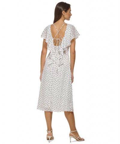 Women's Polka Dot Flutter-Sleeve Lace-Up Midi Dress Ivory/Navy $53.64 Dresses