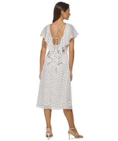 Women's Polka Dot Flutter-Sleeve Lace-Up Midi Dress Ivory/Navy $53.64 Dresses