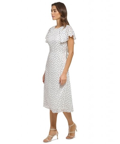 Women's Polka Dot Flutter-Sleeve Lace-Up Midi Dress Ivory/Navy $53.64 Dresses