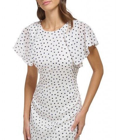 Women's Polka Dot Flutter-Sleeve Lace-Up Midi Dress Ivory/Navy $53.64 Dresses