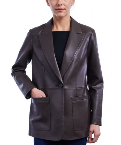 Women's Faux-Leather Blazer Coat Dark Brown $75.20 Coats