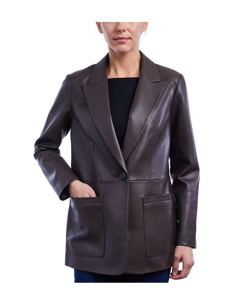 Women's Faux-Leather Blazer Coat Dark Brown $75.20 Coats