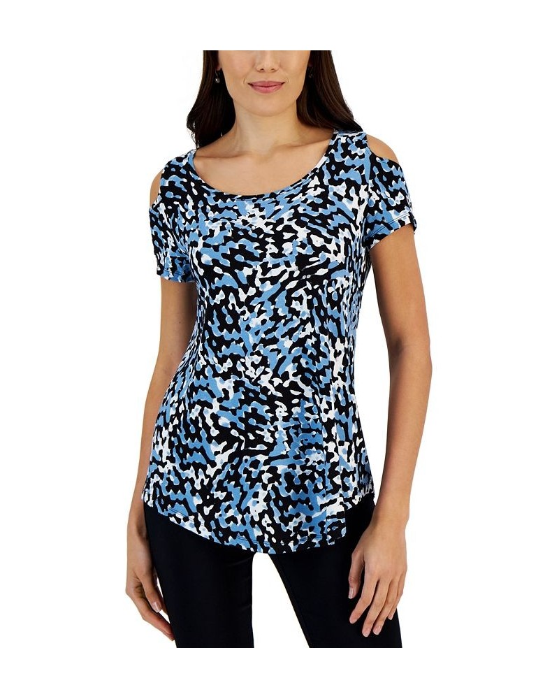 Women's Texture Waves Printed Cold-Shoulder Top Blue $13.09 Tops