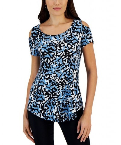 Women's Texture Waves Printed Cold-Shoulder Top Blue $13.09 Tops