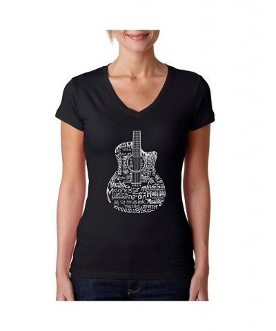 Women's Word Art V-Neck Languages Guitar T-Shirt Black $14.70 Tops