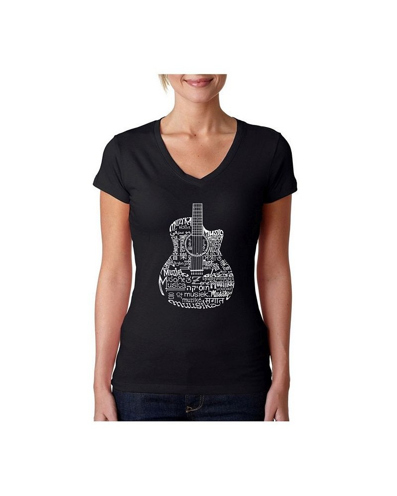 Women's Word Art V-Neck Languages Guitar T-Shirt Black $14.70 Tops