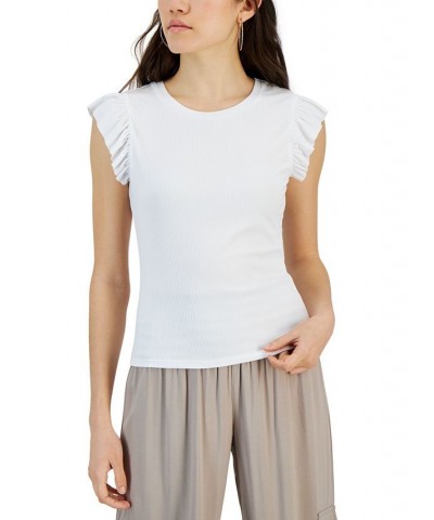 Juniors' Ribbed Flutter-Sleeve Top Ivory/Cream $11.20 Tops