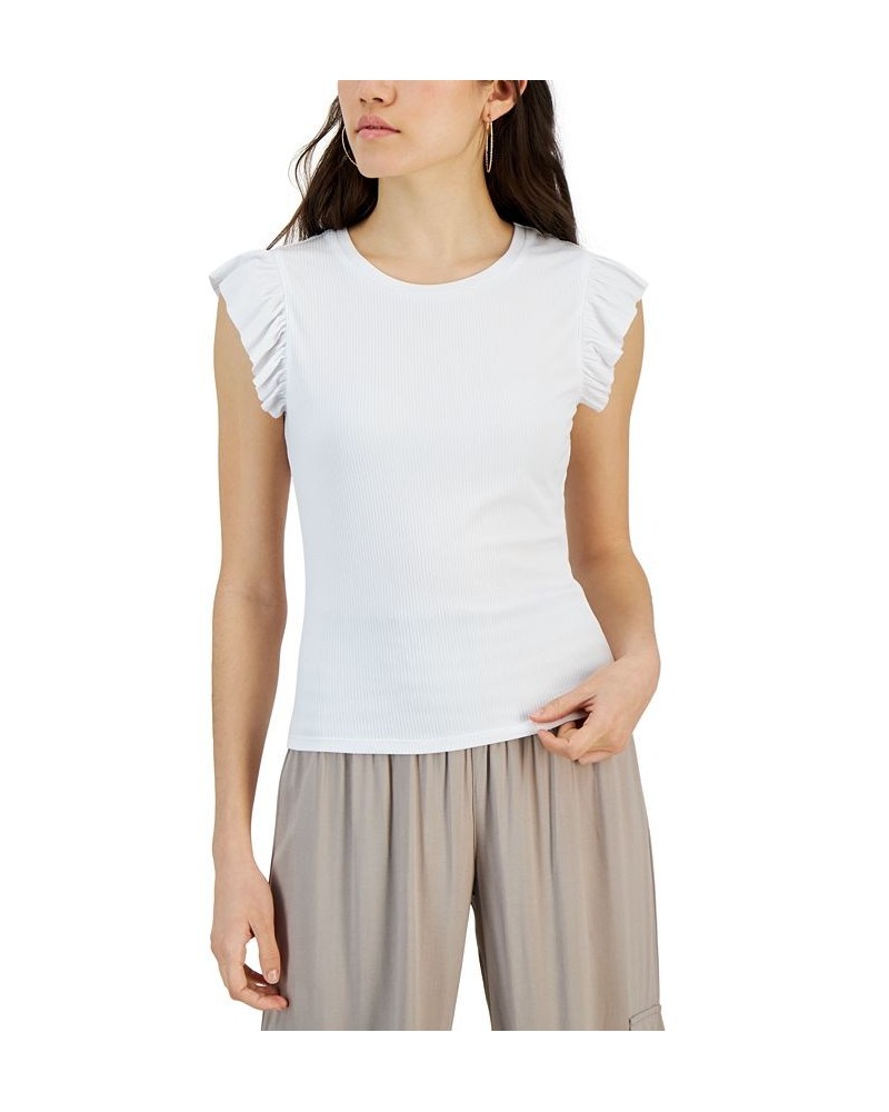 Juniors' Ribbed Flutter-Sleeve Top Ivory/Cream $11.20 Tops