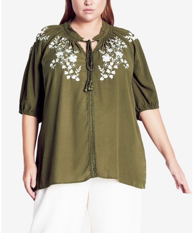 Trendy Plus Size Embroidered Charm Top Khaki and Ivory $36.75 Tops