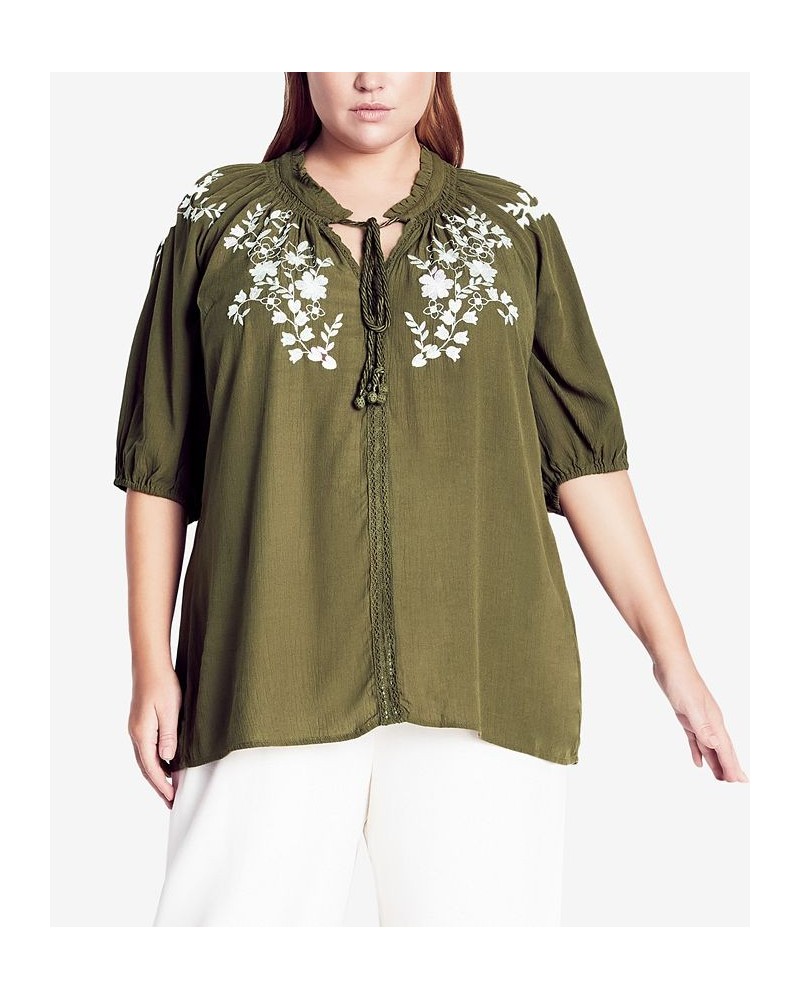 Trendy Plus Size Embroidered Charm Top Khaki and Ivory $36.75 Tops