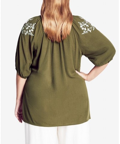 Trendy Plus Size Embroidered Charm Top Khaki and Ivory $36.75 Tops