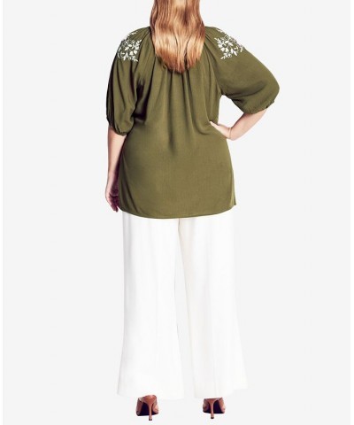 Trendy Plus Size Embroidered Charm Top Khaki and Ivory $36.75 Tops